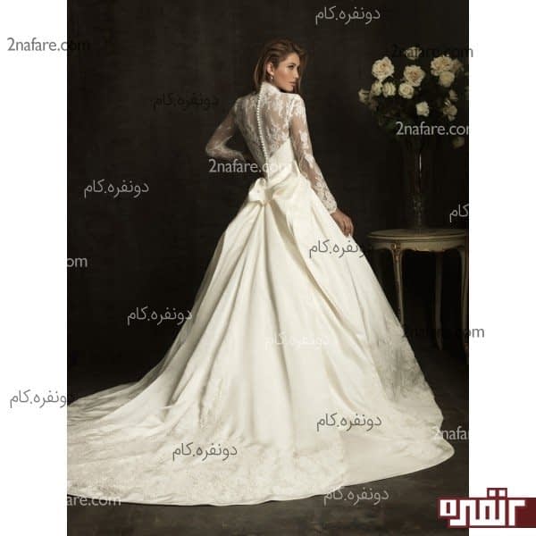 لباس عروس دنباله دار و آستین بلند