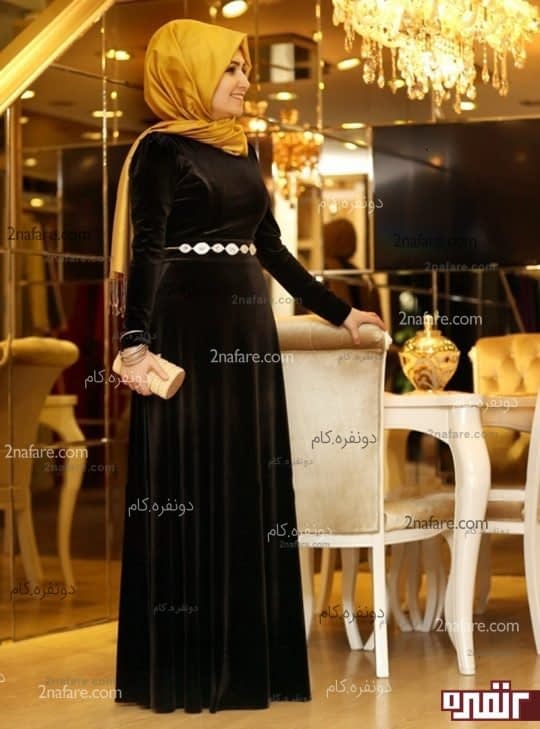 پیراهن بلند کمر دار مخمل