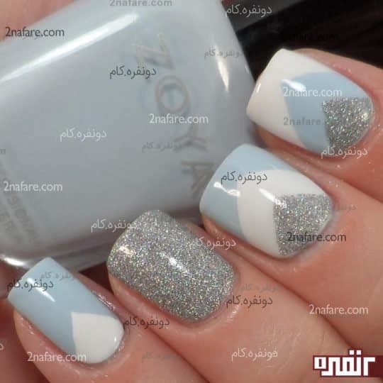 ترکیب زیبایی از لاک سفید و آبی و نقره ای متالیک