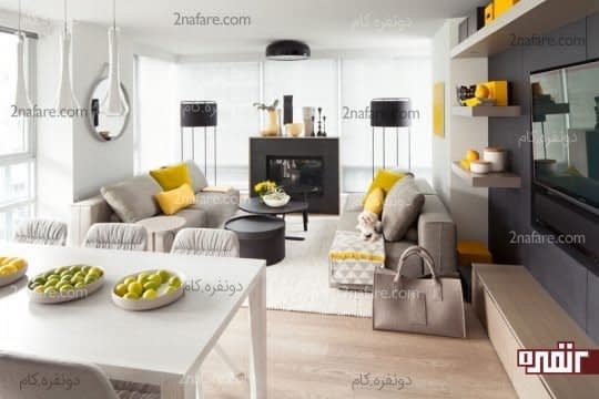 سفید، خاکستری و زرد زیبا در اتاق نشیمن