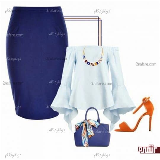 ست دامن آبی و کفش نارنجی