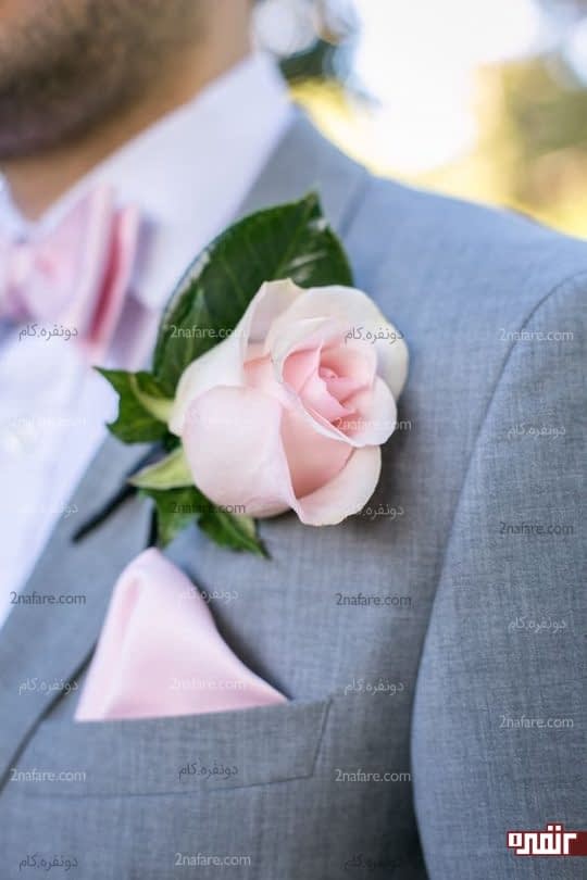 هارمونی زیبا بین دستمال جیب،پاپیون و گل یقه کت داماد