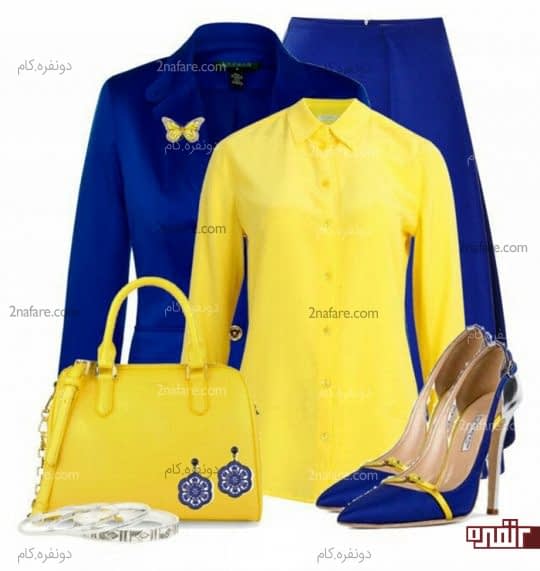 کت و دامن آبی و شومیز لیمویی