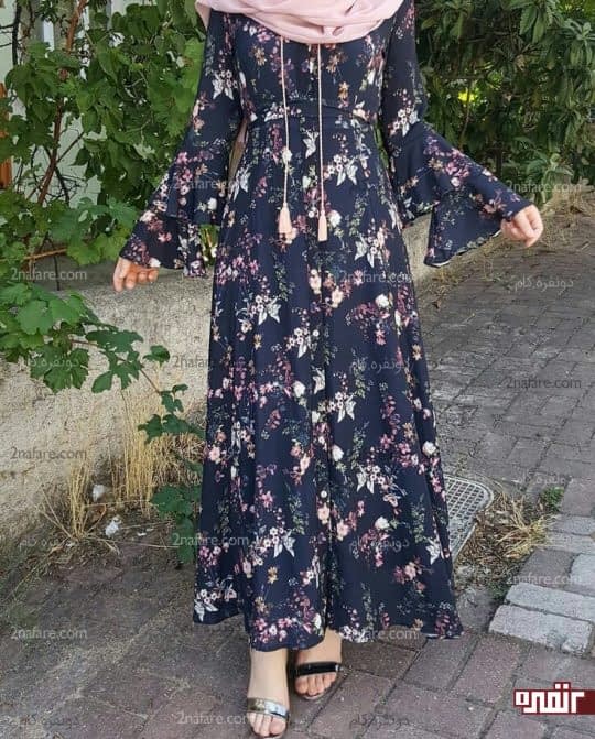 ست شال صورتی و پیراهن سرمه ای گل دار