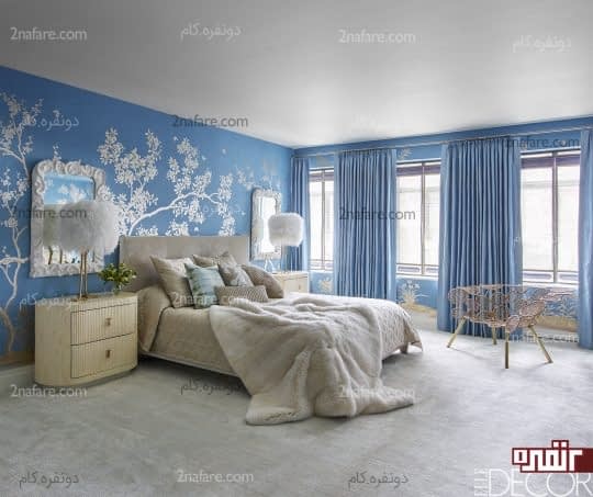 اتاق خواب آرامش بخش با ترکیب رنگ های سفید و آبی