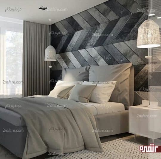 اتاق خواب شیک و مدرن با طراحی زیبای دیوار پشت تخت خواب با چوب