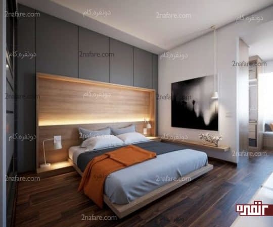 اتاق خواب مدرن با نور چند لایه و تخت شیک چوبی