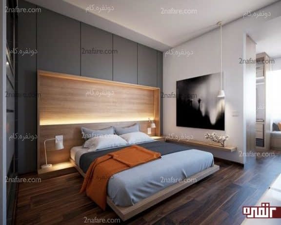 اتاق خواب مدرن با نور چند لایه و تخت شیک چوبی