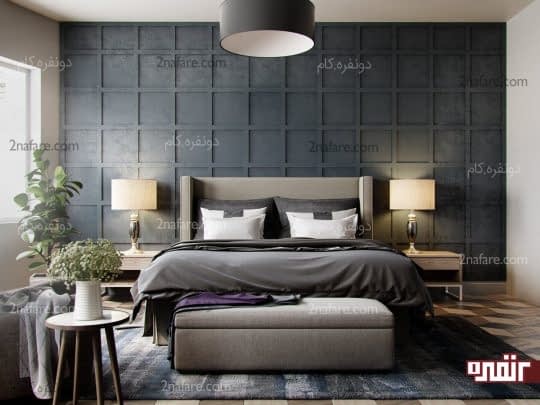 اتاق خوابی زیبا و مدرن با ترکیب تناژهای مختلف رنگ خاکستری