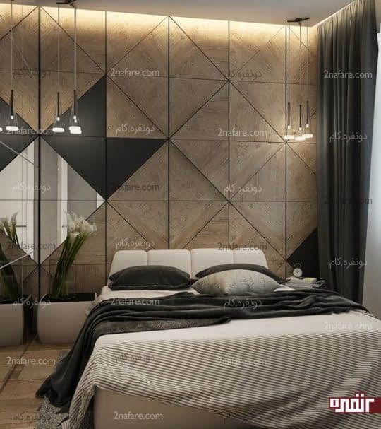 طراحی دیوار پشت تخت خواب با اشکال هندسی چوبی در اتاق خواب مدرن