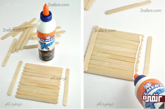 کنار هم قرار دادن چوب بستنی ها و چسباندن آنها به کمک یک چوب بستنی در لبه بالایی و پایینی