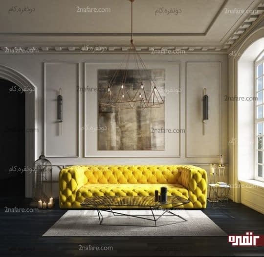 مبل راحتی زرد رنگ در فضایی با رنگ های خنثی