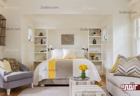 تزیین بالای تخت با قفسه بندی باز