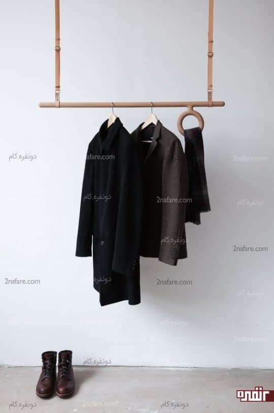 جالباسی آویز با ترکیب چرم و چوب