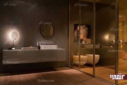 حمام با درهای شیشه ای و دیوارهای خاکستری