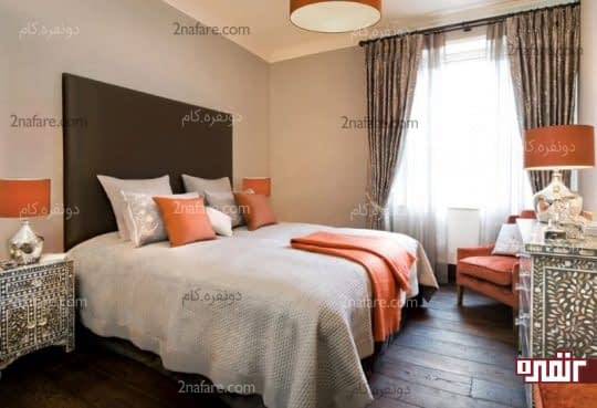 اتاق خوابی آرام و زیبا با اکسسوری های نارنجی رنگ