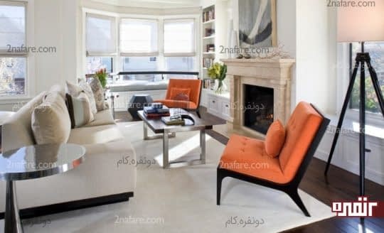 اتاق نشیمن با ترکیب رنگ های خنثی و نارنجی